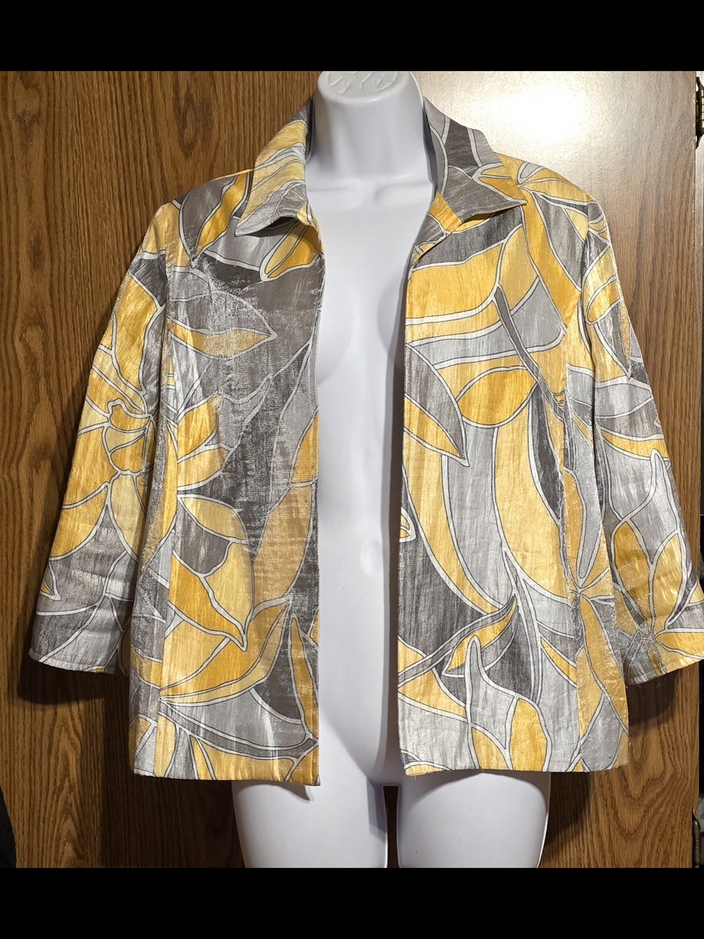Alfred Dunner Yellow and Gray Botanical Open-Front Blazer